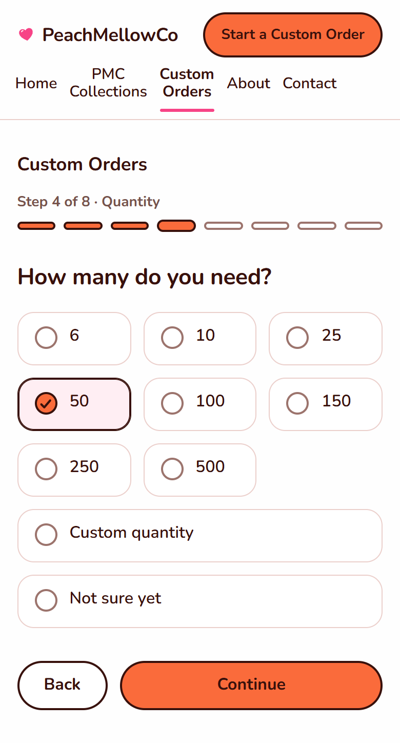 The Quantity step on a phone: the question "How many do you need?" with quantities in a three-column grid, 50 selected, and Back and Continue buttons.